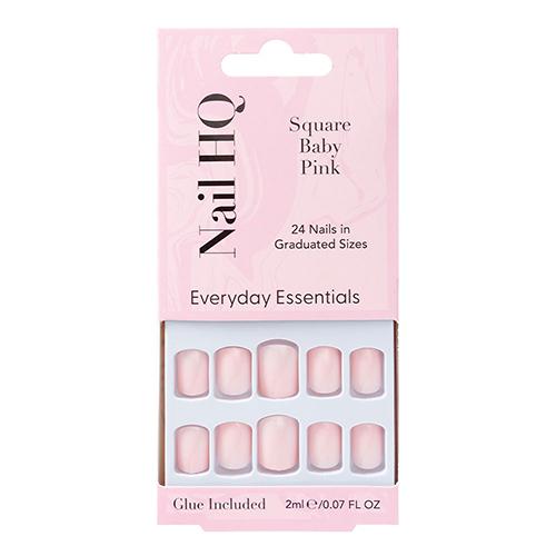 نيل اتش كيو اظافر مربعة بمقاسات متدرجة باللون الوردي الفاتح 24قطعة مع لاصق 2مل