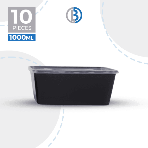 ماعون ميكرويف مستطيل مع غطاء اسود 10حبة 1000مل