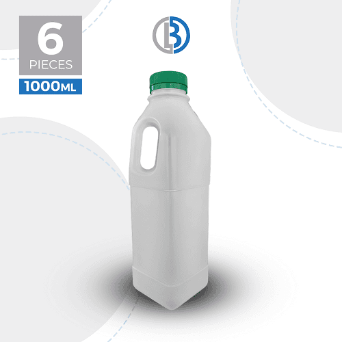زجاجة حليب بلاستيكية مربعة بيضاء مع غطاء اخضر 1لتر 6قطع