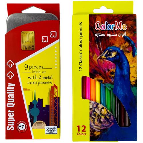 اي اند تي الوان خشبية 12لون+توينز علبة هندسة عرض قرطاسية العودة الى المدرسة